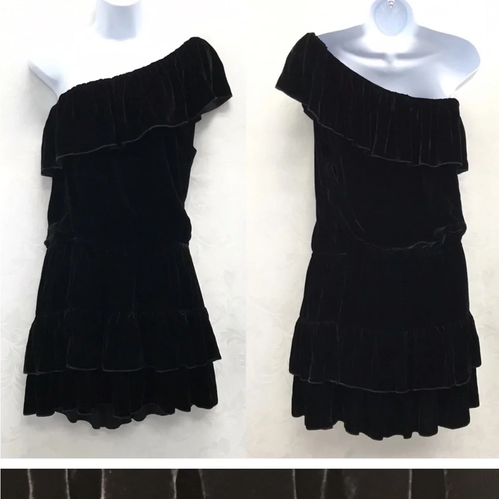 NWT Joie Kolda Velvet Black One Shoulder Ruffle Mini Dress sz XS Luxe - Picture 5 of 17